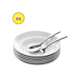 Lot De 6 Assiettes Creuses En Porcelaine + 6 Cuillères Et Fourchettes - Blanc