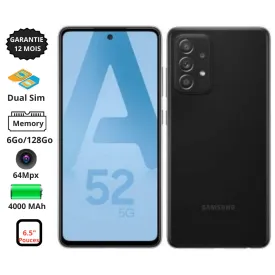 Samsung Galaxy A52- 4G - 6.5" - 6Go - 128Go - 64Mpx - Noir