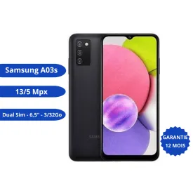 Samsung A03s - 4G - Dual Sim - 6,5" - 3/32Go - 13/5 Mpx - 24 Mois Garantie - Noir