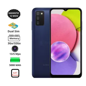 Samsung A03s - 4G - Dual Sim - 6,5" - 3/32Go - 13/5 Mpx - 24 Mois Garantie - Bleu