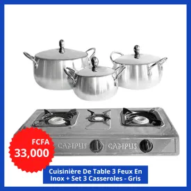 Cuisinière De Table 3 Feux En Inox + Set 3 Casseroles - Gris