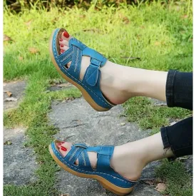 Sandales orthopédiques à bout ouvert pour femmes, chaussures Vintage antidérapantes, respirantes - Bleu