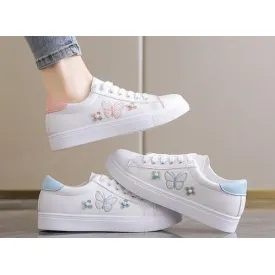 Chaussures plates à semelles souples pour femmes, baskets blanches décontractées à lacets, à la mode - Blanc
