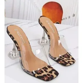 Sandales à talons pour femmes, chaussures à bout carré, à talons hauts Empreintes De Léopard