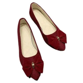 Chaussures plates à bout pointu pour femmes, ballerines à enfiler avec nœud papillon - Vin Rouge