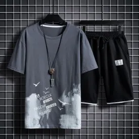 Ensemble 2 pièces pour hommes, T-shirt imprimé décontracté, short, survêtement, mode homme, vêtements de sport Gris / Noir