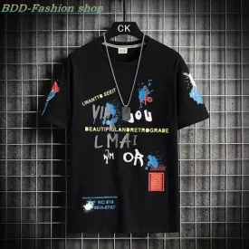 T-shirt manches courtes pour hommes, estival et tendance, à la mode avec graffiti - Noir