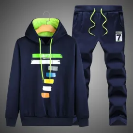 Ensemble sweat à capuche et pantalon pour homme, survêtement chaud et épais, décontracté, 2 pièces, sweat-shirt imprimé - Bleu