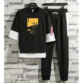 Ensemble 2 pièces pour homme, sweat à capuche, manches longues, couleur unie, pantalon décontracté - Noir