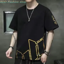 T-shirt en coton à manches courtes pour homme, surdimensionné, décontracté, à rayures - Noir