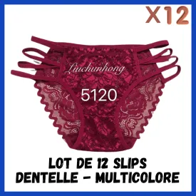 LOT DE 12 PIECES SLIPS DENTELLE - MULTICOLORE