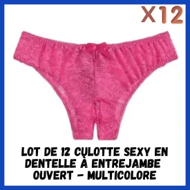 LOT DE 12 CULOTTES SEXY EN DENTELLE A ENTREJAMBE OUVERT - MULTICOLORE