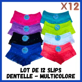 LOT DE 12 SLIPS DENTELLE - MULTICOLORE