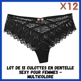 LOT DE 12 CULOTTES EN DENTELLE SEXY POUR FEMMES - MULTICOLORE